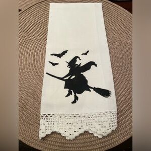 Hand painted and hand crocheted Halloween witch towel.